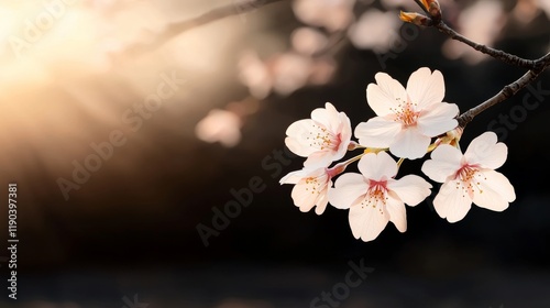 Delicate cherry blossoms illuminated by soft sunlight