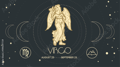 Zodiac sign Virgo in engraving hand drawn style. Retro astrological sign Maiden design template. Vector illustration.
