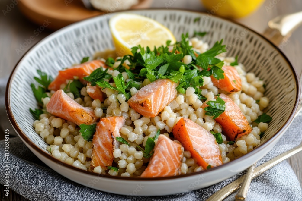 Nordic Barley Salad with Smoked Salmon and Fresh Herbs, Served on a Rustic Plate with a Lemon Wedge for a Bright Touch Nordic Barley Salad with Smoked Salmon and Fresh Herbs, Served on a Rustic Plate with a Lemon Wedge for a Bright Touch