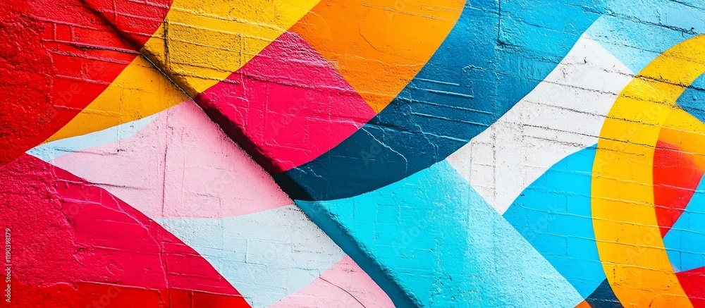 Fototapeta premium Abstract colorful geometric shapes painted on a brick wall.