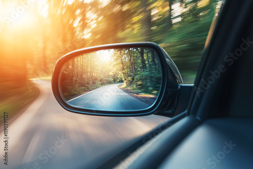 Car side mirror of red car showing street