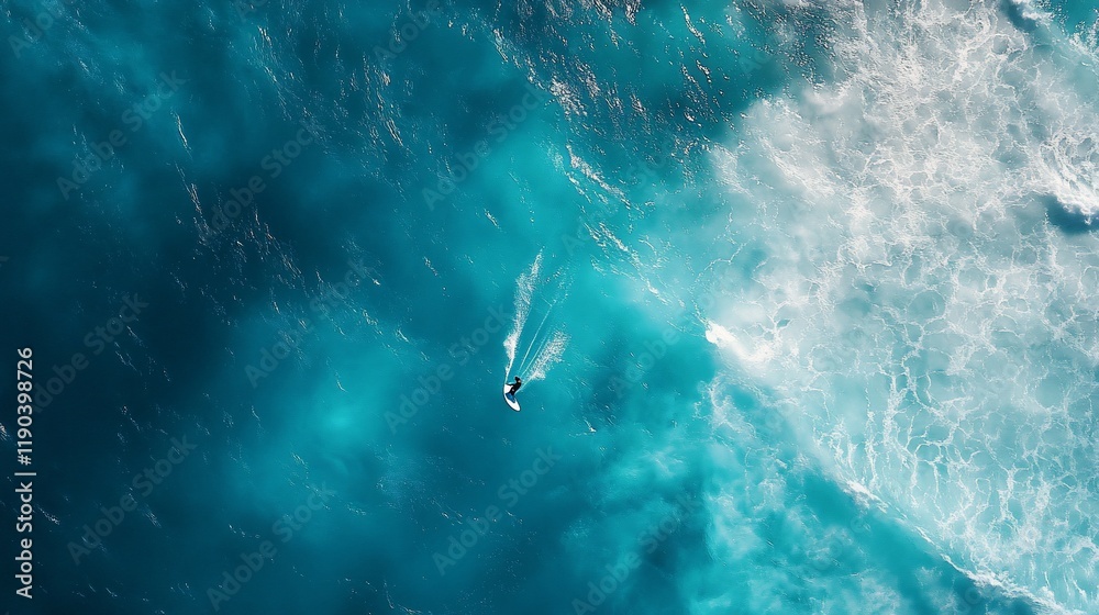 Obraz premium Aerial view of surfer riding a wave in the ocean.