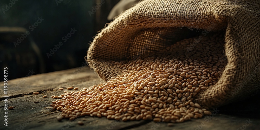 Burlap Sack Overflowing with Golden Grains: A Harvest Bounty of Wheat Kernels on Rustic Wood Burlap Sack Overflowing with Golden Grains: A Harvest Bounty of Wheat Kernels on Rustic Wood