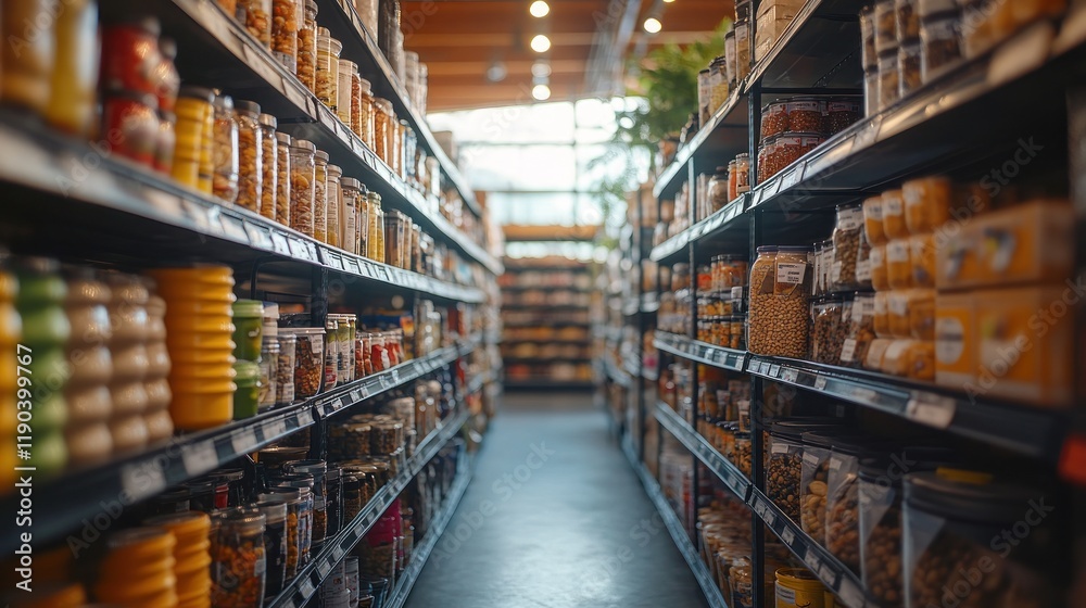 Grocery store aisle with canned goods and snacks. Grocery store aisle with canned goods and snacks.