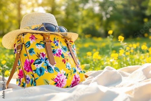 Summer Picnic Essentials: Floral Tote Bag, Straw Hat, Sunglasses in Sunny Meadow