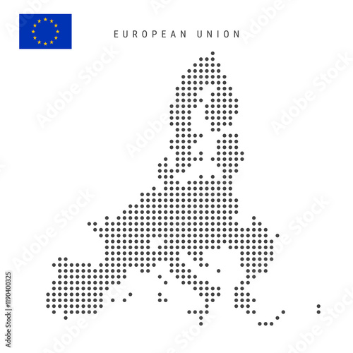 Dotted pixel map of European Union. Simple silhouette of EU. Flag of EU. Flat vector illustration isolated on white background.