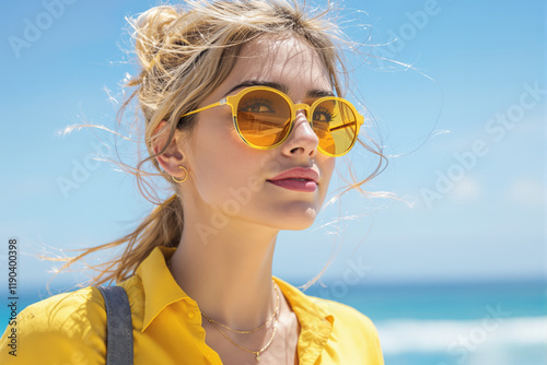 Summer Fashion Portrait of Stylish Woman in Yellow Sunglasses Enjoying Beach Vacation with Windy Hair and Blue Sky Background