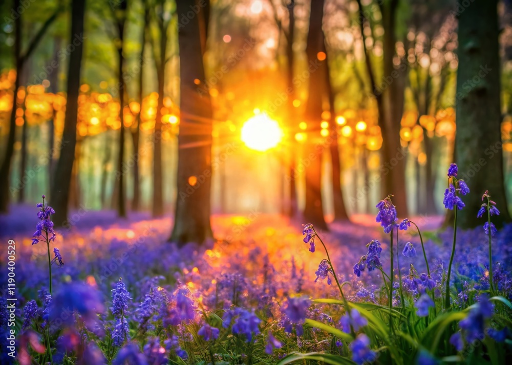 Obraz premium Abstract Sunset Bluebell Forest: Soft Focus, Dreamy English Woodland at Dusk