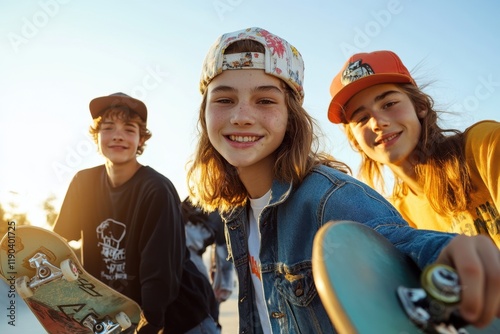 Stylish group portrait of young skaters enjoying sunset with skateboards, showcasing vibrant smiles and trendy outfits in an urban skate park setting