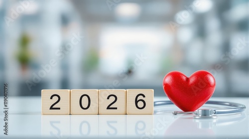 2026 Healthcare Trends Concept - Heart Health Symbol with Stethoscope and Year Blocks for Medical Marketing and Predictions