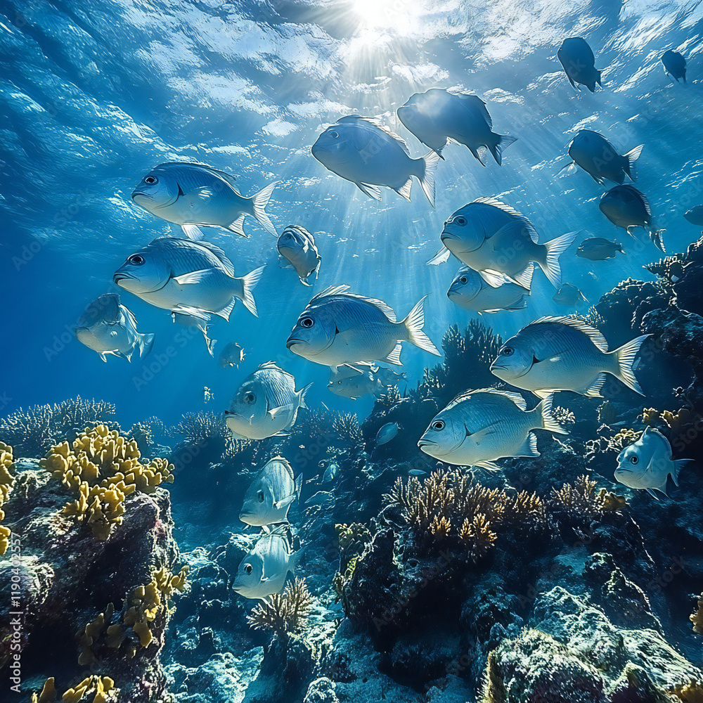 Fototapeta premium A panoramic view of a tropical seabed with schools of fish swimming in unison