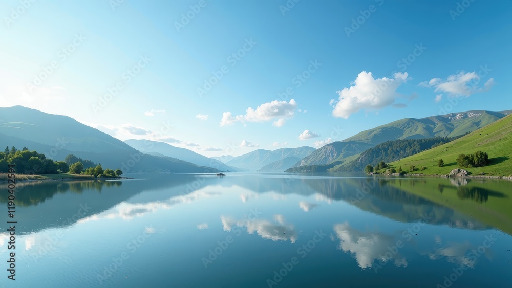 Calm waters cradle amidst towering peaks, mirroring serene skies above—a tranquil haven framed by nature's grandeur Calm waters cradle amidst towering peaks, mirroring serene skies above—a tranquil haven framed by nature's grandeur