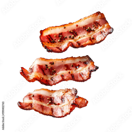 Crispy bacon slices garnished with pepper grains, isolated on white transparent background photo
