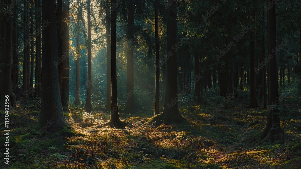 Fototapeta premium Sunlit Forest Path Morning Light Illuminates Trees