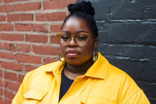 Confident Black Woman in Yellow Jacket  Brick Wall Background photo