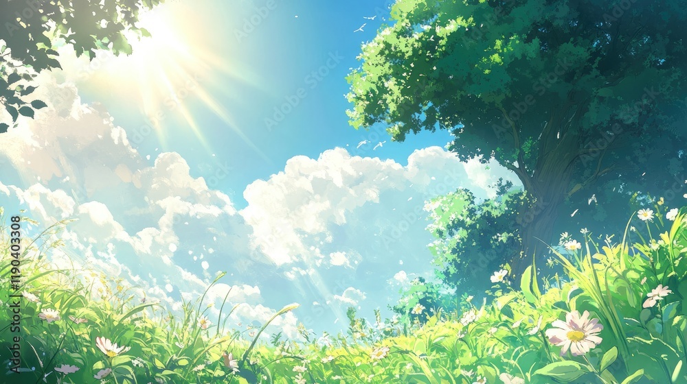 Sunny Day in a Lush Green Meadow with Flowers Sunny Day in a Lush Green Meadow with Flowers