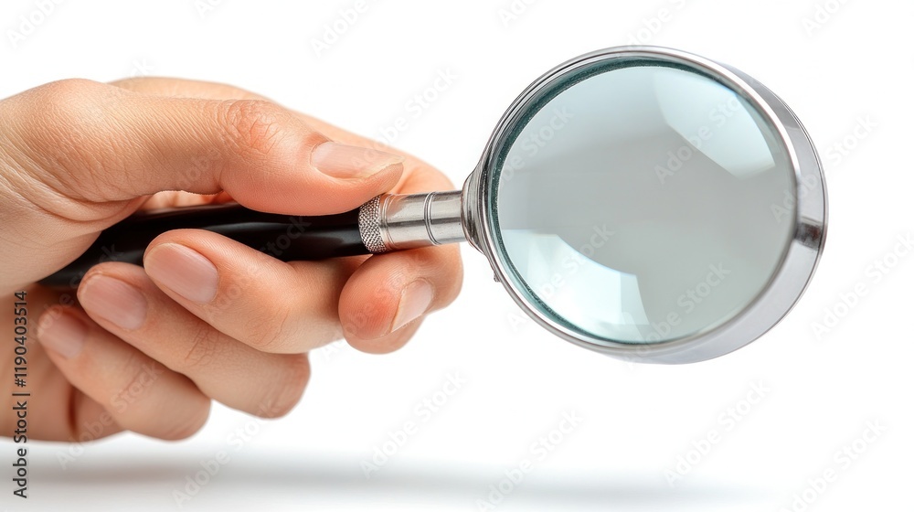 Hand holding magnifying glass, isolated on white. Hand holding magnifying glass, isolated on white.