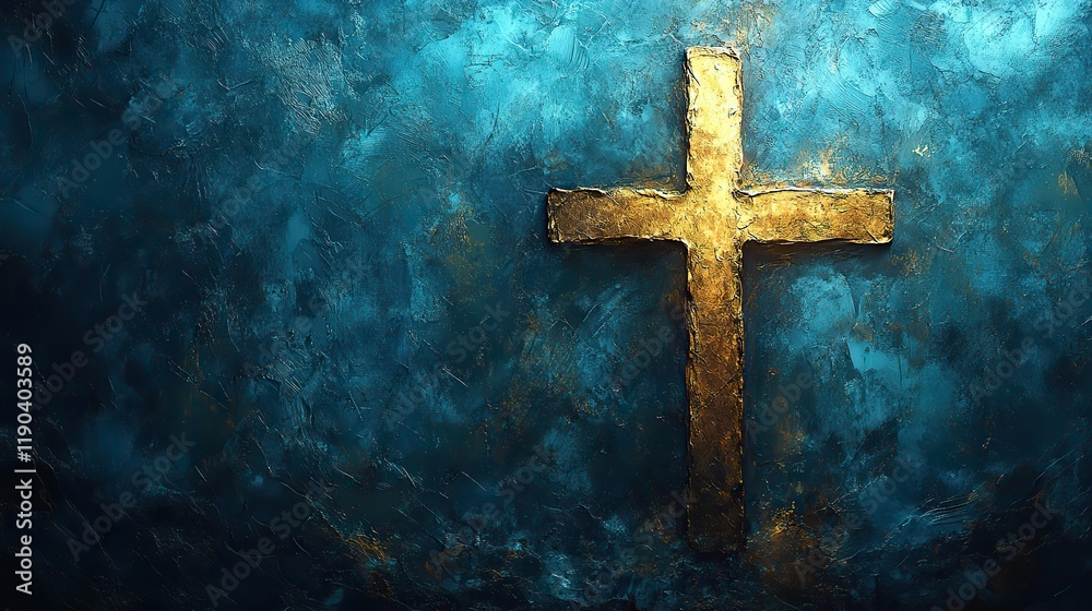 An abstract background features a golden cross on a blue canvas adorned with lines and circles, creating a spiritual and artistic representation An abstract background features a golden cross on a blue canvas adorned with lines and circles, creating a spiritual and artistic representation