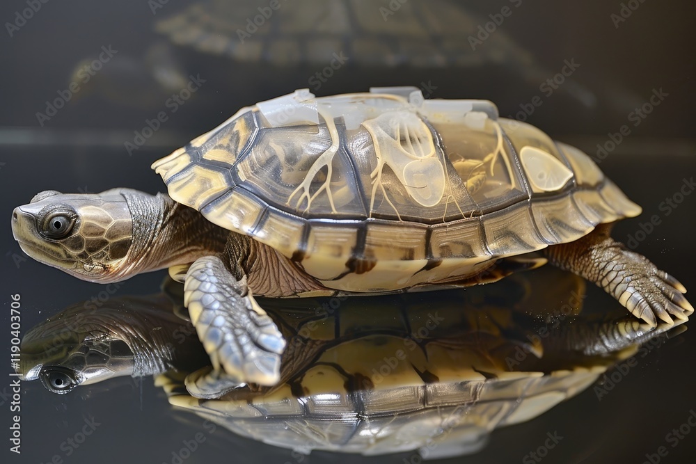 Obraz premium A turtle with a transparent shell, revealing its internal organs, on a black surface, A turtle with a transparent shell revealing its internal organs and anatomy