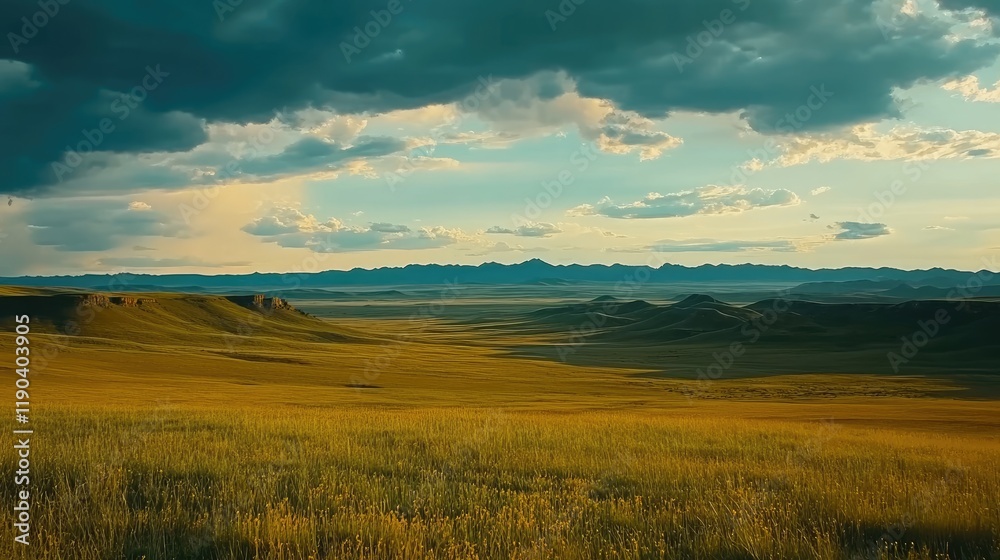 Fototapeta premium Dramatic Sunset Over Rolling Grasslands and Distant Mountains