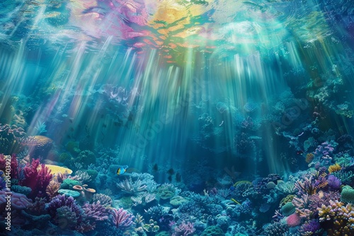 An underwater scene with vibrant coral formations, sunlight beams, and a single fish swimming in the turquoise water, Formulate a surreal underwater world with a rainbow shimmering through the depths photo