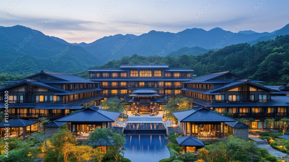 Naklejka premium A luxurious Japanese resort featuring a private hot spring bath in the garden.