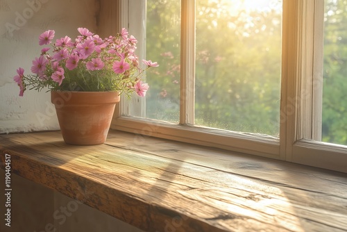 Sunlit Pink Flowers in Terracotta Pot on Rustic Windowsill – Cozy Indoor Plant Decor, Natural Sunlight, Tranquil Home Interior