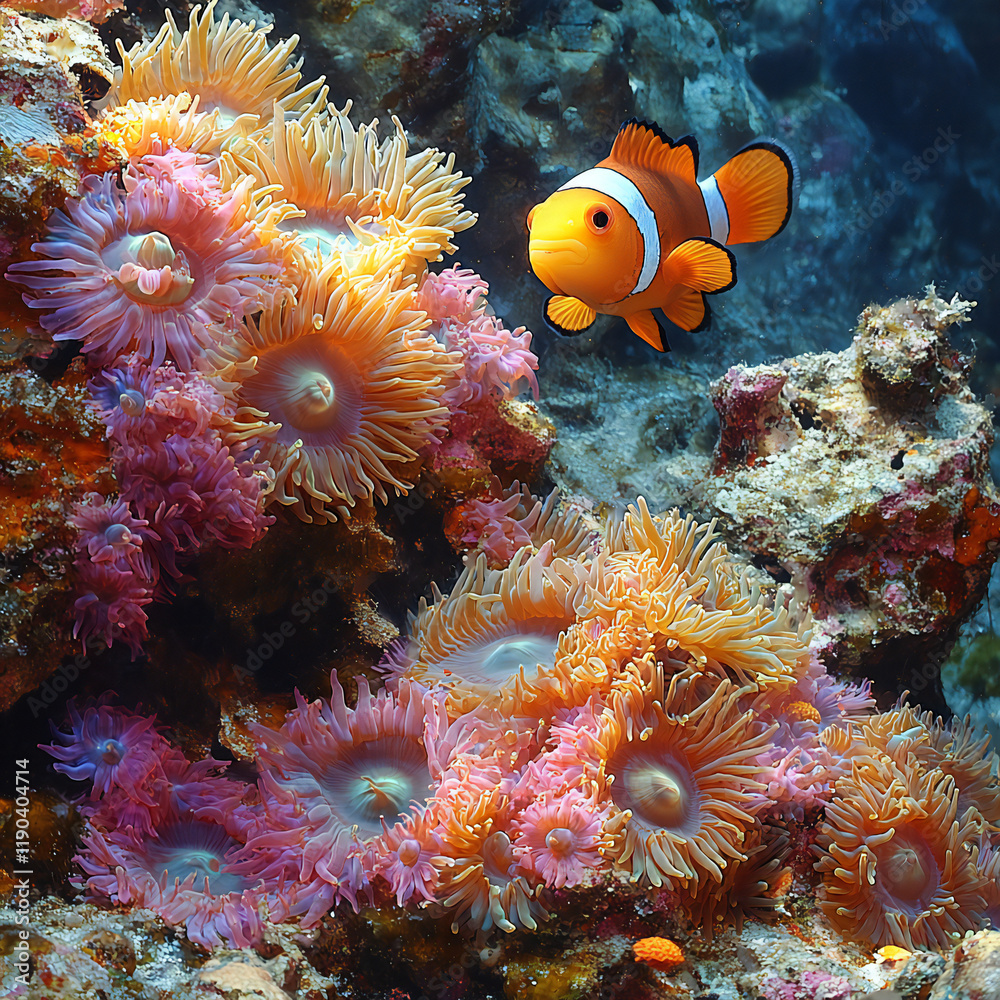 A peaceful reef scene with clownfish hiding among sea anemones A peaceful reef scene with clownfish hiding among sea anemones