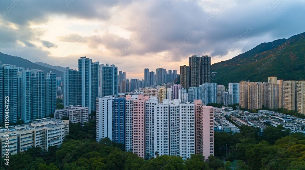 Obraz premium Dense urban cityscape at sunset, nestled between mountains and lush greenery.