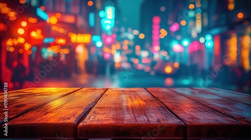 Rustic Wooden Table with Vibrant Blurred City Night Lights - Urban Background for Product Display