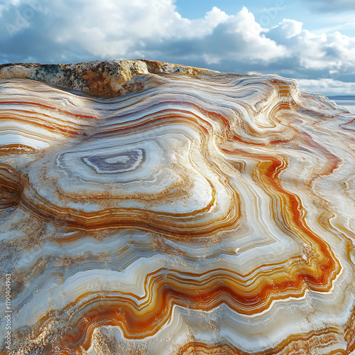 Close-up of a unique agate archipelago shoreline, featuring colorful striations on rocks, gentle waves lapping the edges photo