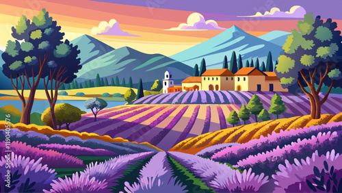 lavender field with landcape and tree, Ferrassières, Provence, France