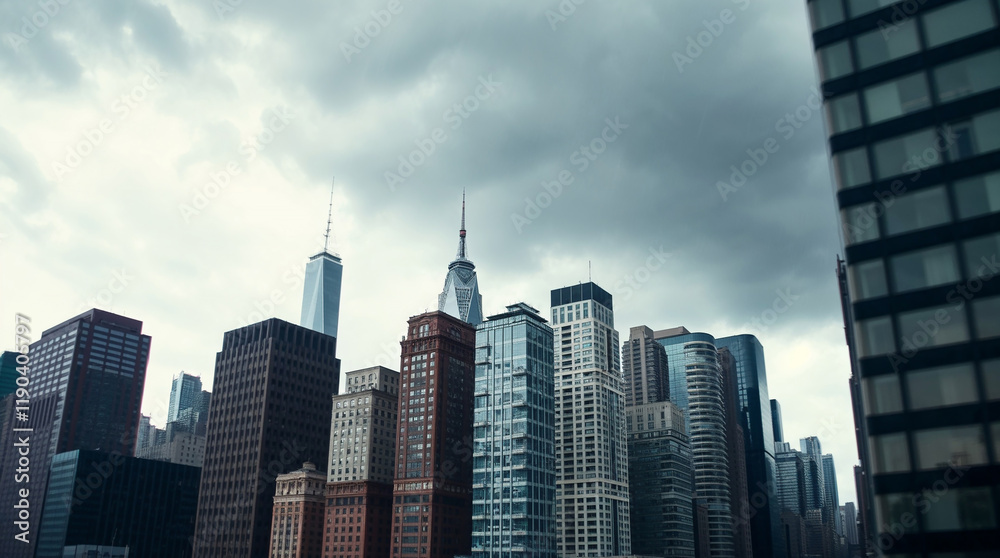 Fototapeta premium Modern metropolis rising under dramatic cloudy sky