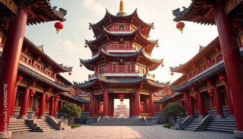 Stylized Chinese Pagoda Complex with Traditional Architectural Elements in Symmetrical Courtyard photo