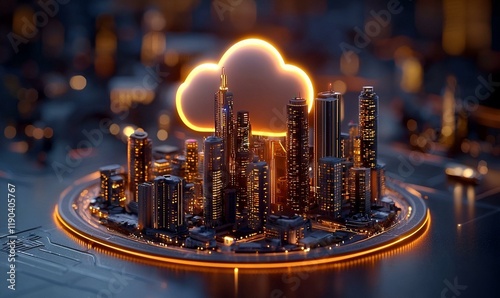 Smart City Connectivity, A vibrant urban landscape showcasing integrated cloud computing technology enhancing city life and connectivity.