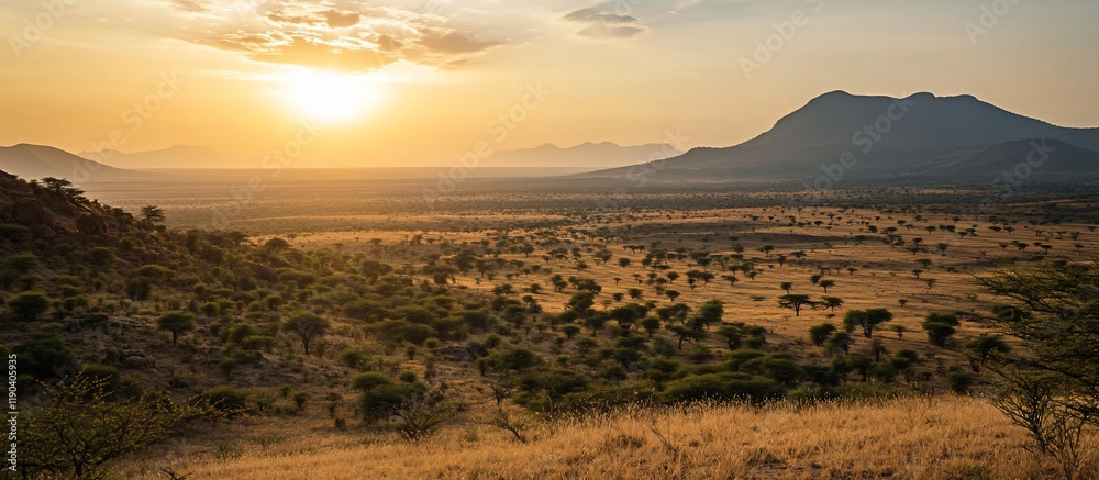 Fototapeta premium Sunset over African savanna landscape with mountains in the background.