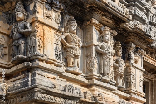 A close-up of the intricate carvings on the exterior of a Hoysala temple in Karnataka, India, An ancient ruins adorned with intricate carvings and statues photo