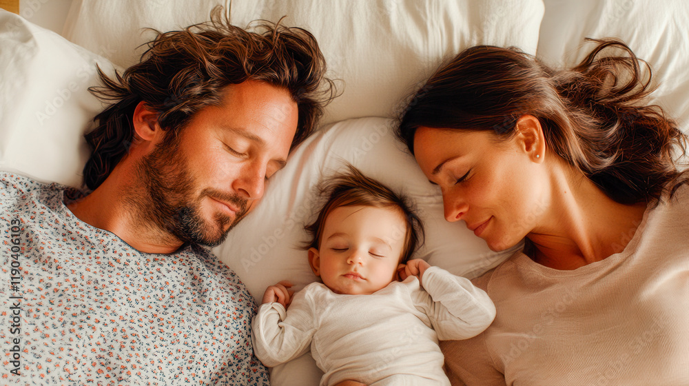 Close up portrait of a happy parents watching their baby sleeping on a bed at home Close up portrait of a happy parents watching their baby sleeping on a bed at home