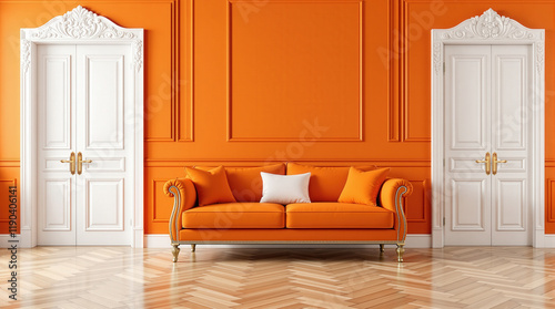 Elegant Orange Sofa in Sunlit Luxury Interior with Classic White Doorways - Modern Home Decoration