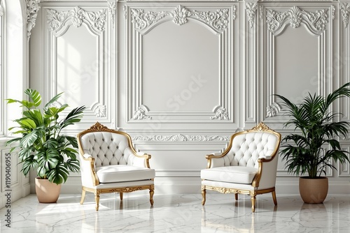 Luxurious Victorian Interior Design with Elegant Armchairs and Decorative Plants in Ornate White Room