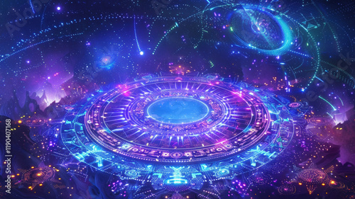 Obraz na płótnie Mystical Magic Circle with Ancient Runes Glowing in Space with Purple Energy Portal w salonie