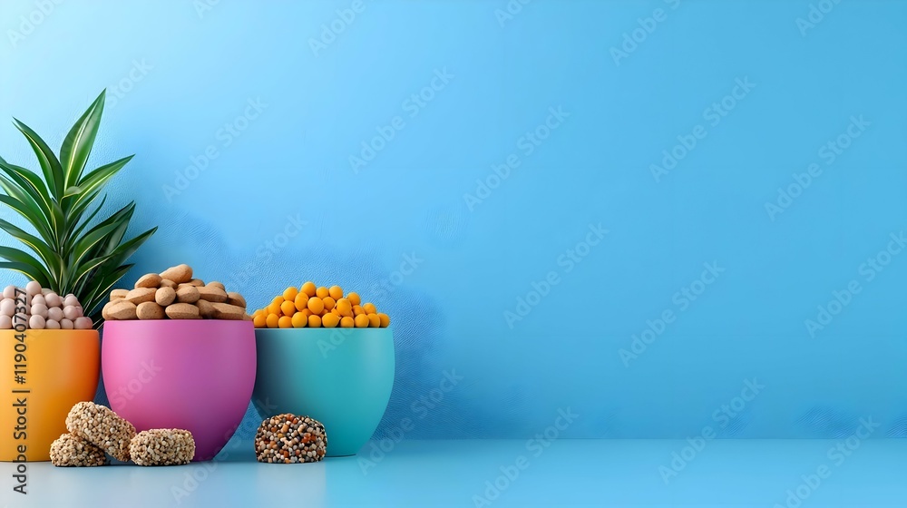 Pet Wellness Showcase, a colorful arrangement of vitamins and supplements for pets, emphasizing health and vitality in animal care. Pet Wellness Showcase, a colorful arrangement of vitamins and supplements for pets, emphasizing health and vitality in animal care.