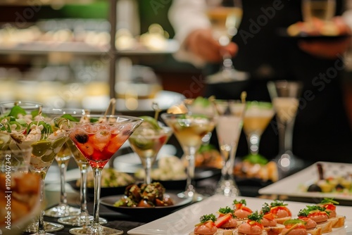 A beautifully arranged spread of cocktails and appetizers served at a formal event, Exquisite cocktails and hors d'oeuvres being served