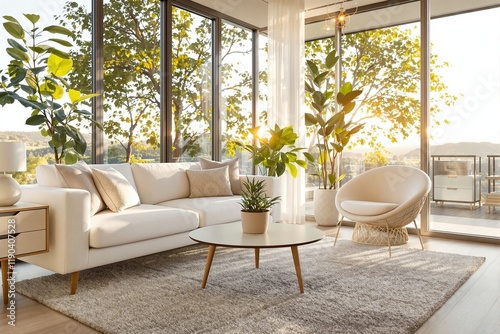 Modern Sunlit Living Room with Natural Decor, Large Windows, Indoor Plants, and Cozy Furniture for Relaxation and Interior Design Inspiration