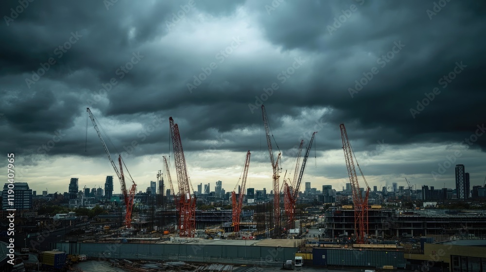 Obraz premium London Construction Site Under a Dramatic Sky