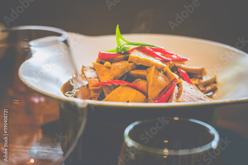 Dry Pot Beancurd made from Chiba tofu, pork, celtuce, leek served in white plate. photo