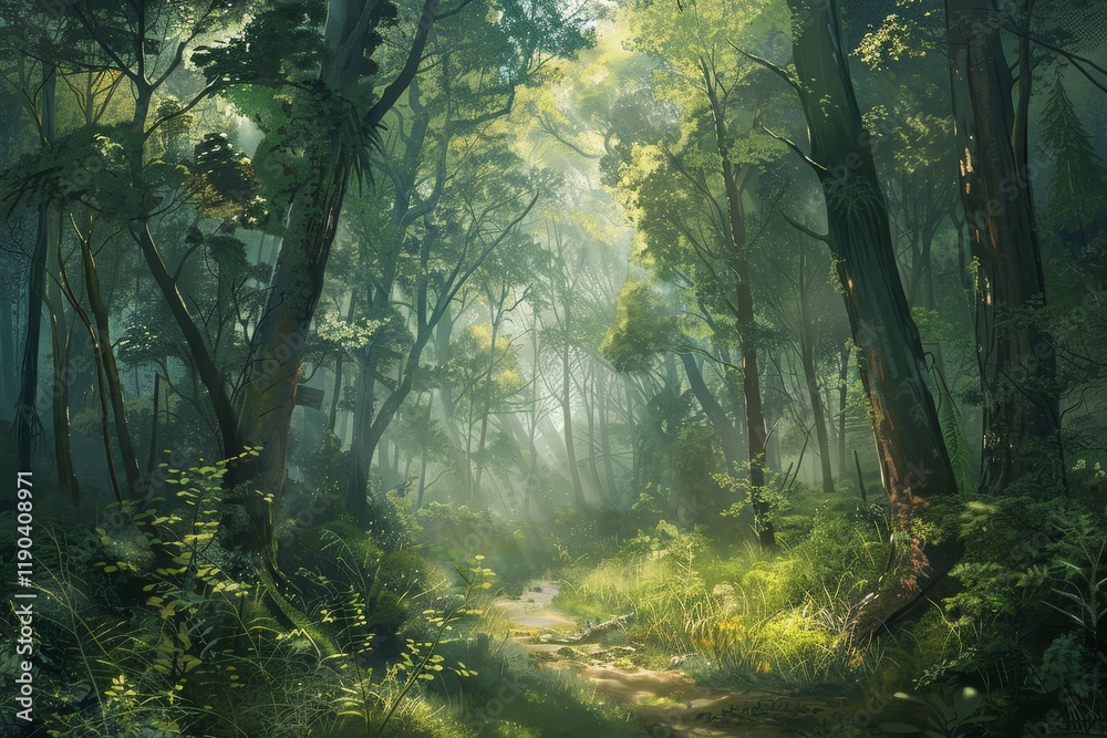A path winds through a lush green forest, sunlight filtering through the canopy, A lush, verdant forest with sunlight filtering through the leaves A path winds through a lush green forest, sunlight filtering through the canopy, A lush, verdant forest with sunlight filtering through the leaves