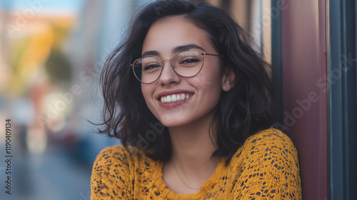 Young woman in yellow sweater with glasses smiling. Ideal for authentic portraits, urban style, or genuine happiness content.