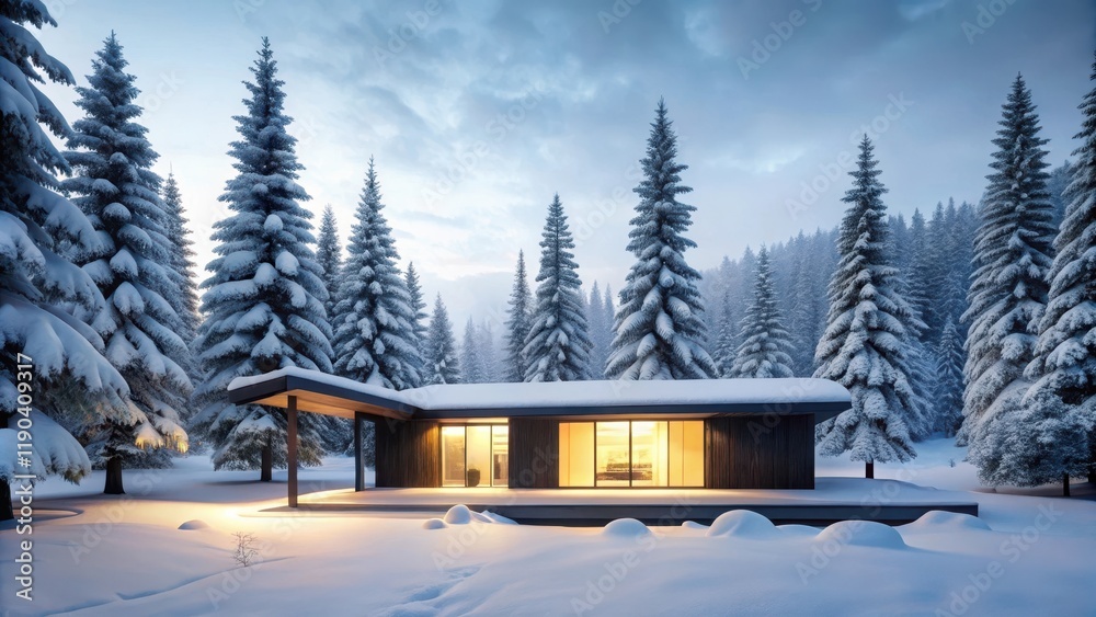 Fototapeta premium Modern Cabin in a Snowy Winter Forest Landscape
