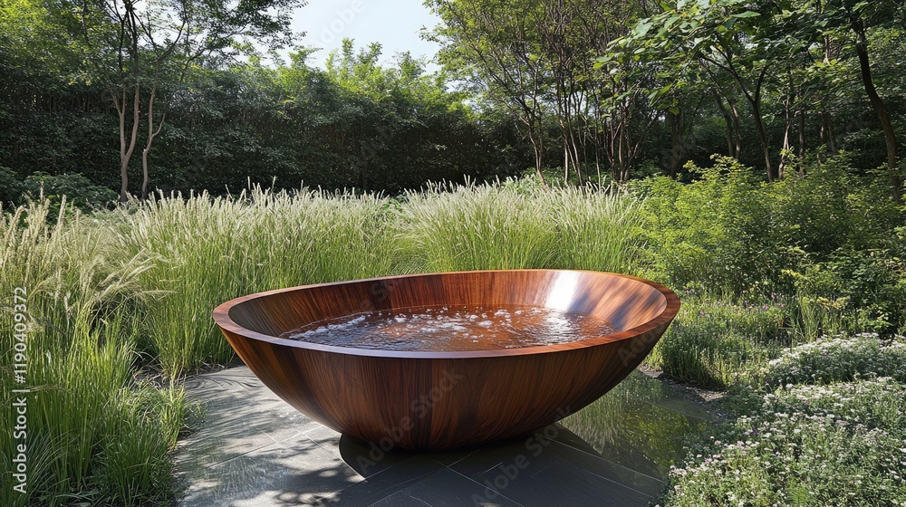 Freestanding wooden bathtub in an open-air setup, surrounded by tall grasses and trees. Freestanding wooden bathtub in an open-air setup, surrounded by tall grasses and trees.